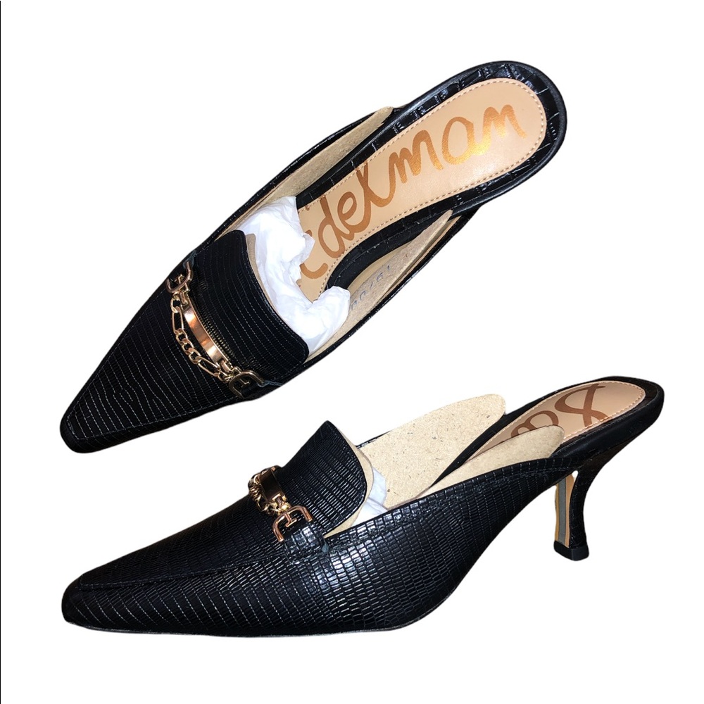 Sam Edelman Black Mules with Gold Chain